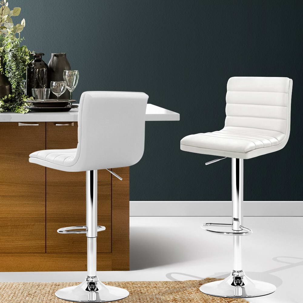 2x Bar Stools Padded Leather Gas Lift White By Artiss