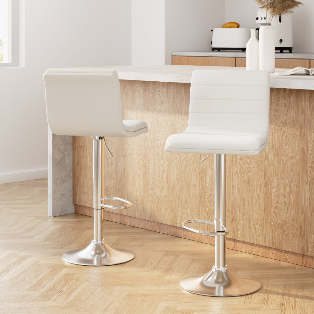 2x Bar Stools Padded Leather Gas Lift White By Artiss