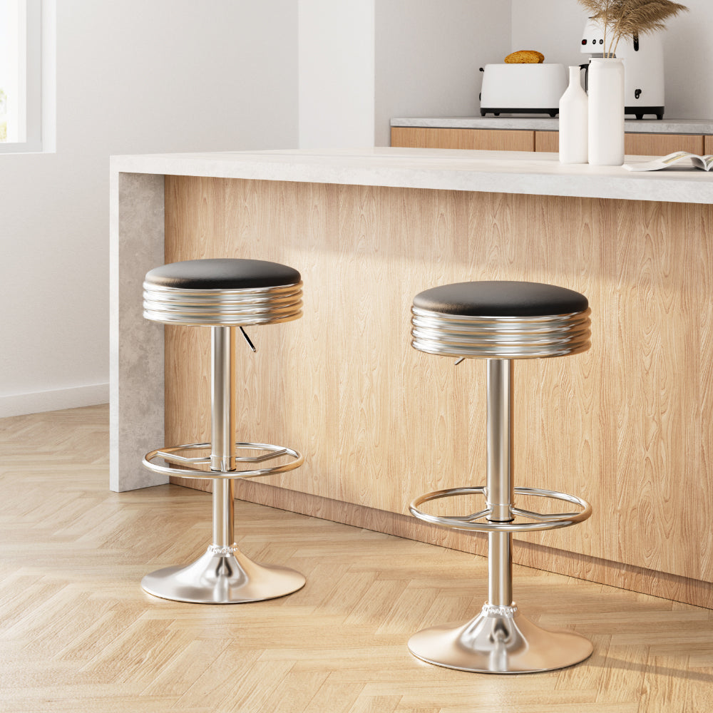 Set of 2 Backless PU Leather Bar Stools - Black and Chrome by Artiss
