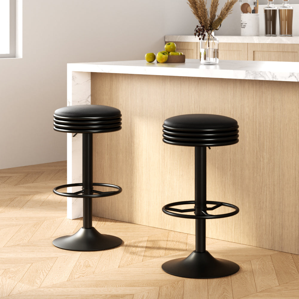 2x Bar Stools Leather Padded Gas Lift Black By Artiss