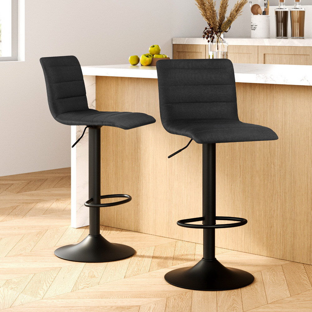 2x Bar Stools Gas Lift Linen Fabric Black By Artiss