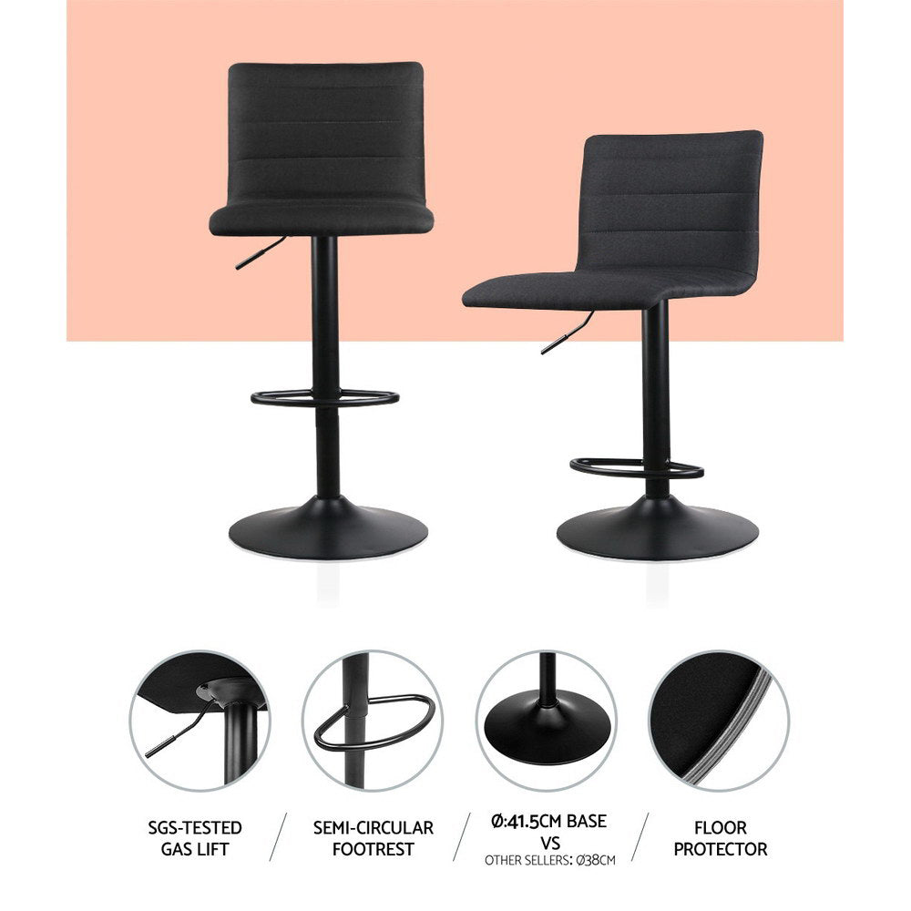 2x Bar Stools Gas Lift Linen Fabric Black By Artiss