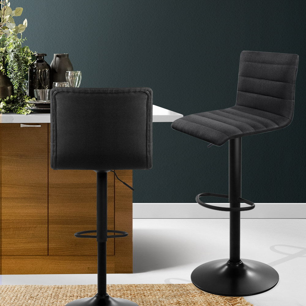 2x Bar Stools Gas Lift Linen Fabric Black By Artiss