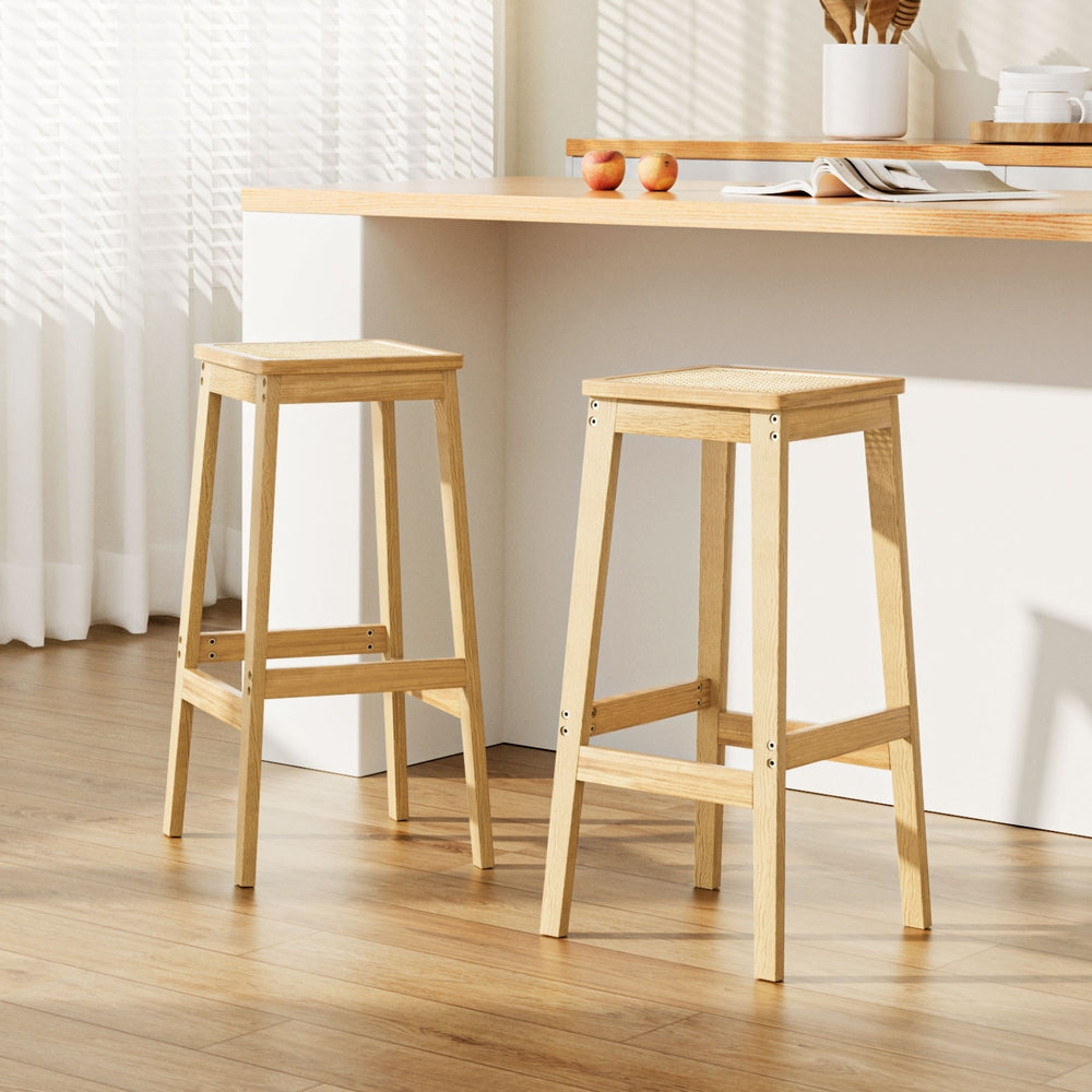 2x Bar Stools Rubber Wood Stool Counter Chair Rattan Barstools Kitchen by Artiss