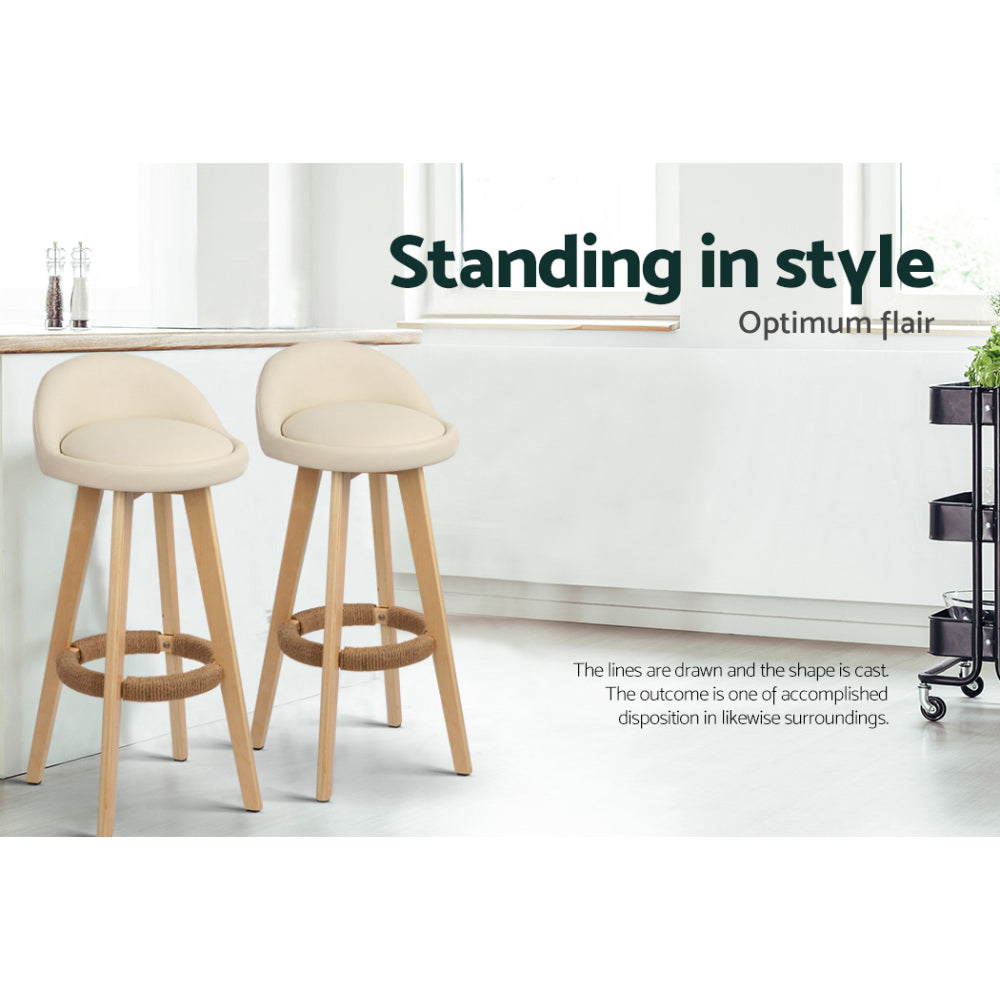4x Bar Stools Padded Leather Wooden Beige by Artiss