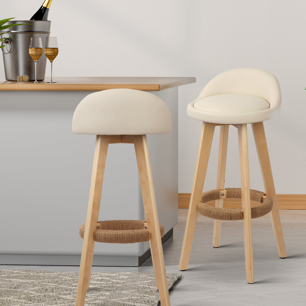4x Bar Stools Padded Leather Wooden Beige by Artiss