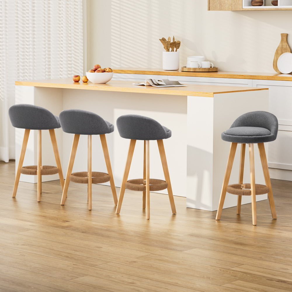 4x Bar Stools Padded Linen Wooden Grey by Artiss