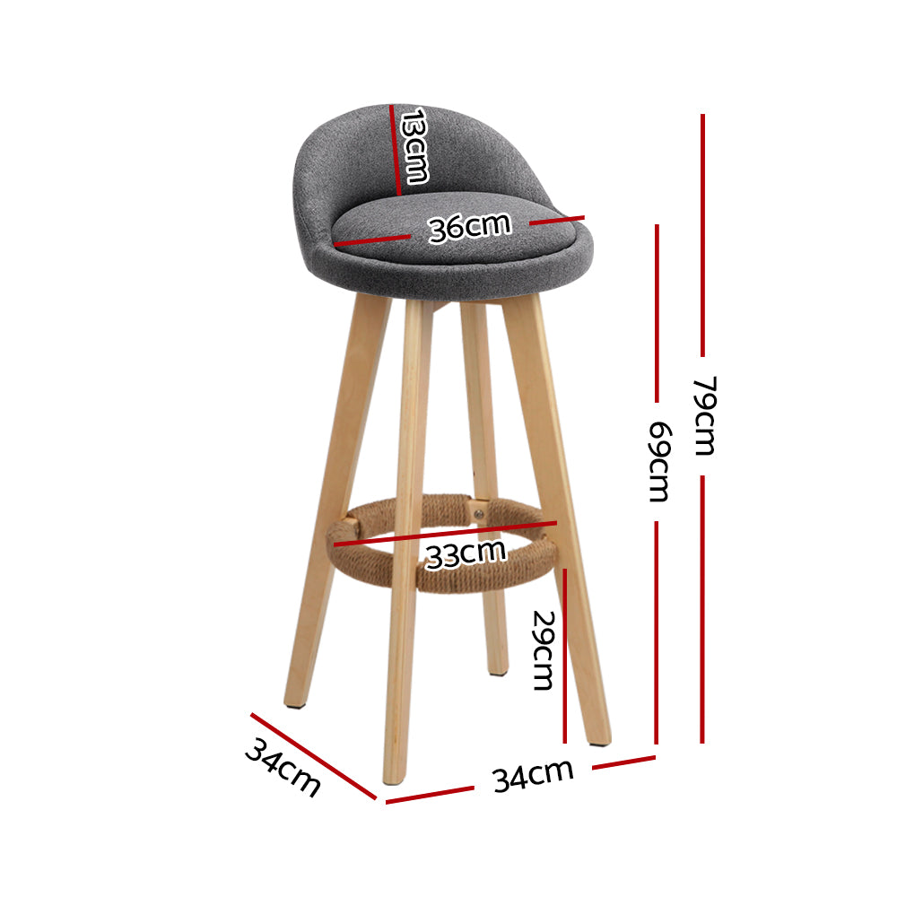 4x Bar Stools Padded Linen Wooden Grey by Artiss