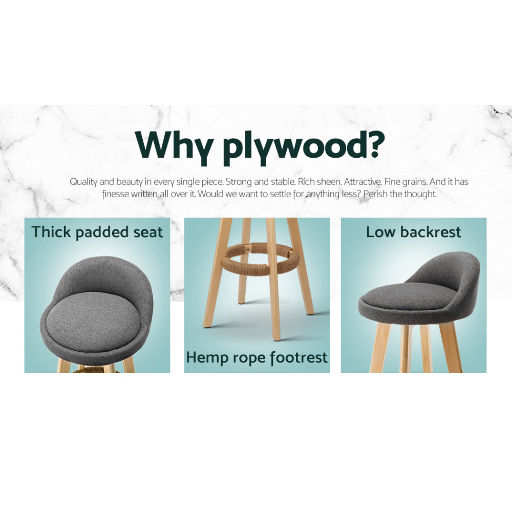 4x Bar Stools Padded Linen Wooden Grey by Artiss