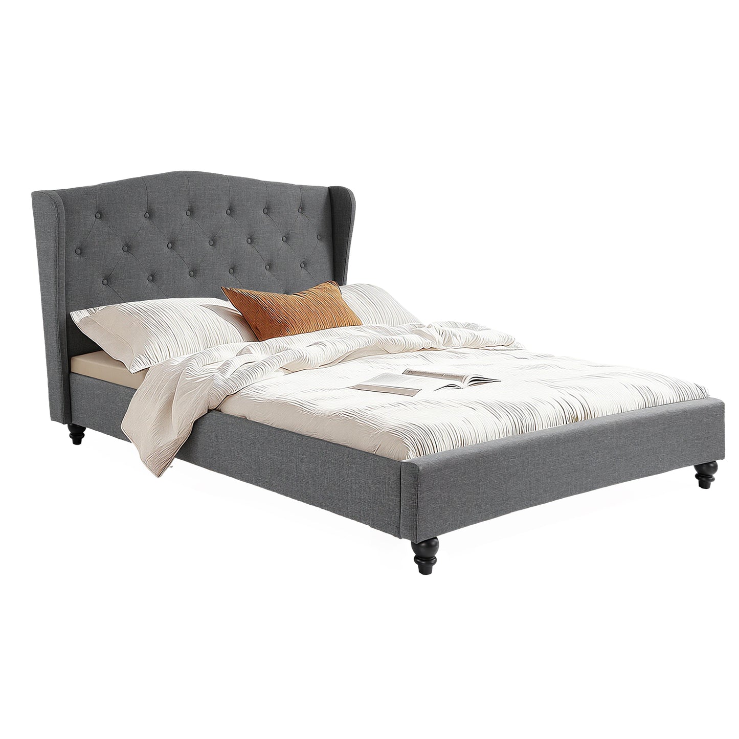 Double Bed Frame with Wingback Headboard Grey Linen Upholstered Platform Bed Base by Artiss