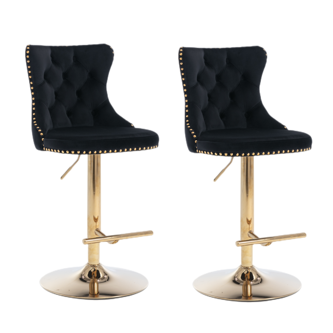 4x Black Velvet Height Adjustable Swivel Bar Stool - With Footrest and Golden Base