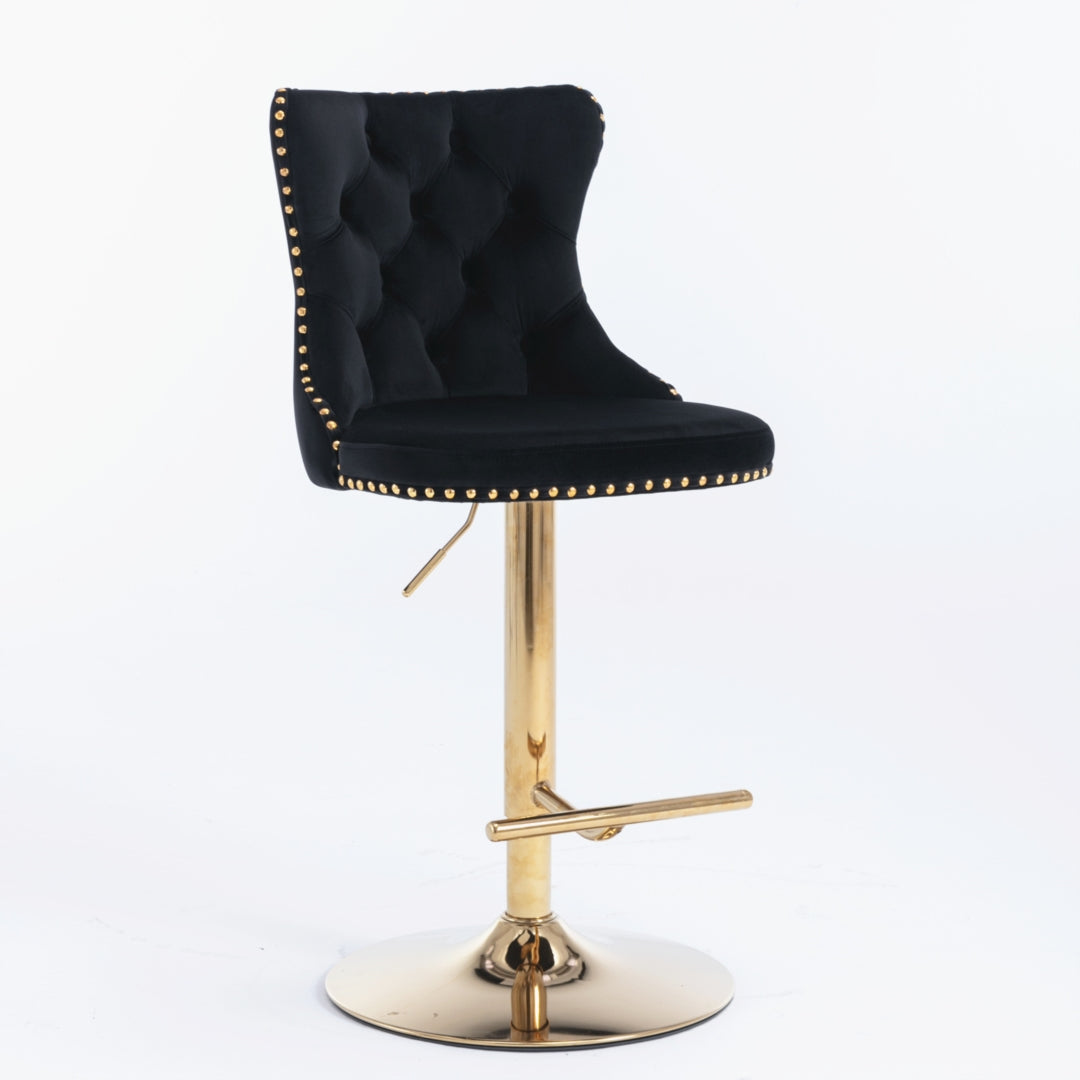 4x Black Velvet Height Adjustable Swivel Bar Stool - With Footrest and Golden Base