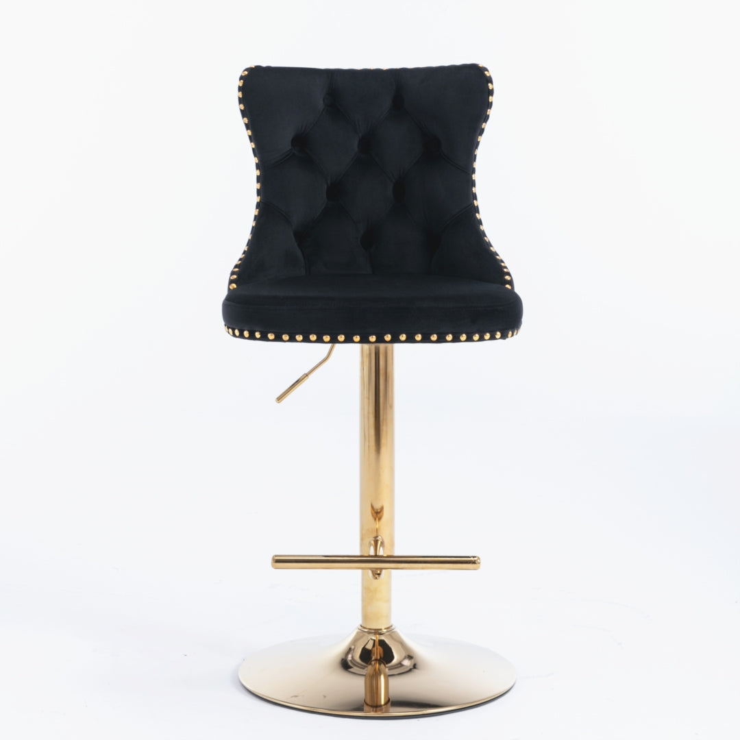 4x Black Velvet Height Adjustable Swivel Bar Stool - With Footrest and Golden Base