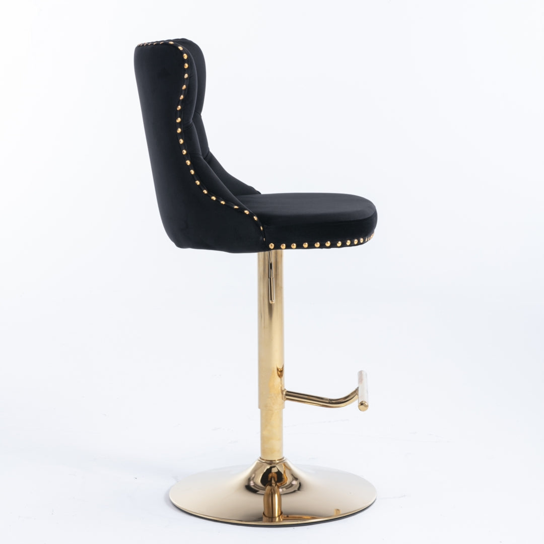 4x Black Velvet Height Adjustable Swivel Bar Stool - With Footrest and Golden Base