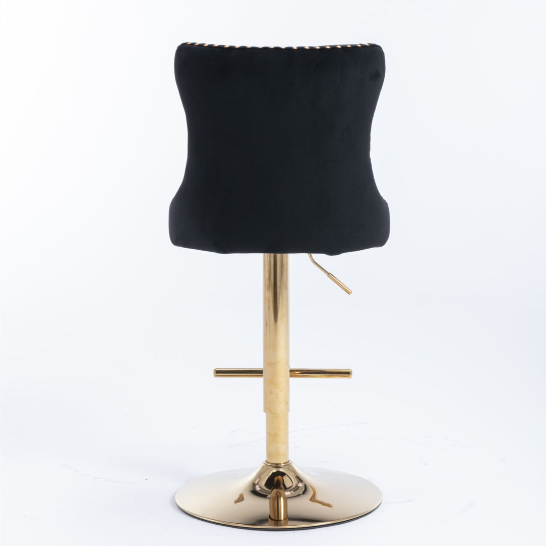4x Black Velvet Height Adjustable Swivel Bar Stool - With Footrest and Golden Base