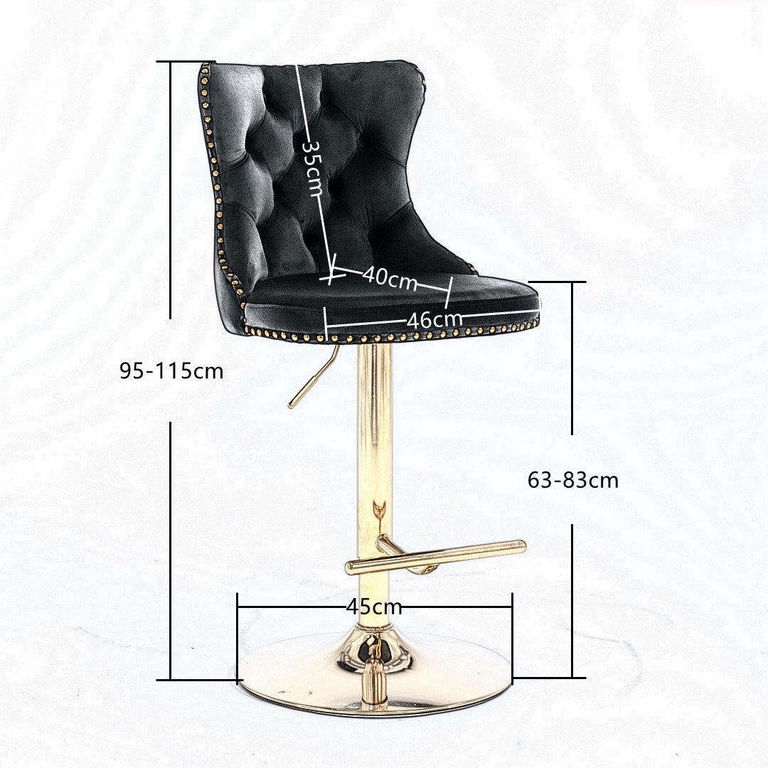 4x Black Velvet Height Adjustable Swivel Bar Stool - With Footrest and Golden Base