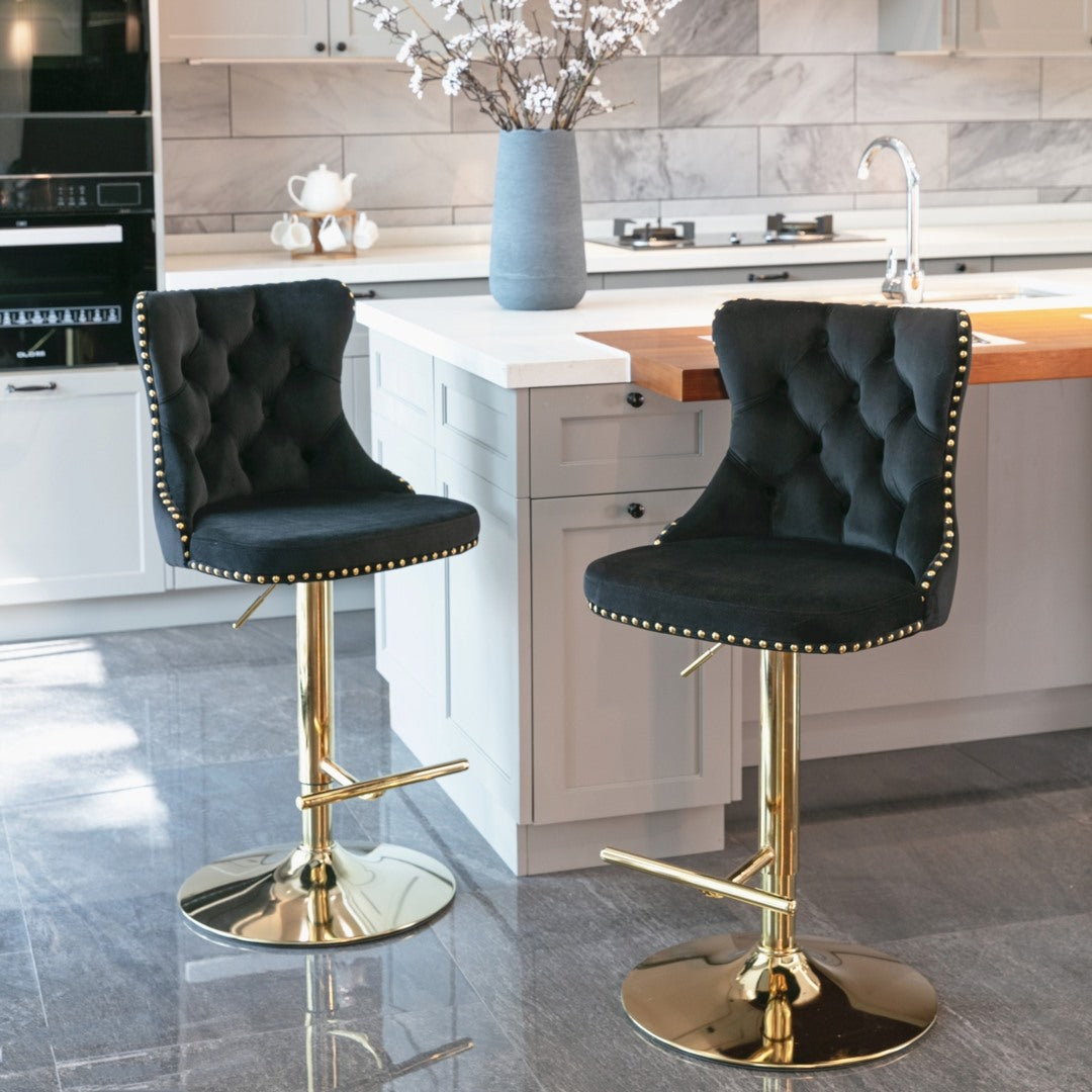4x Black Velvet Height Adjustable Swivel Bar Stool - With Footrest and Golden Base