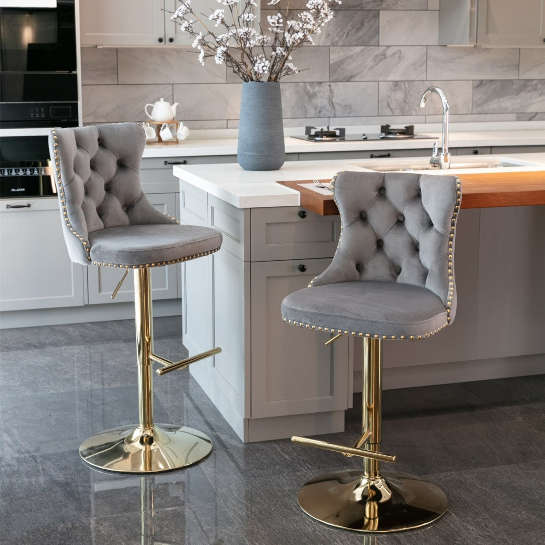 2x Velvet Height Adjustable Swivel Bar Stools With Footrest and Golden Base - Grey