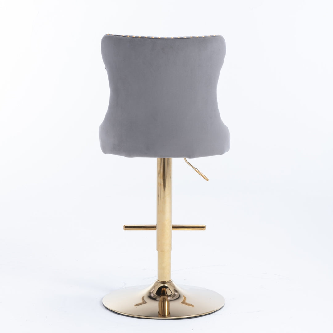 2x Velvet Height Adjustable Swivel Bar Stools With Footrest and Golden Base - Grey