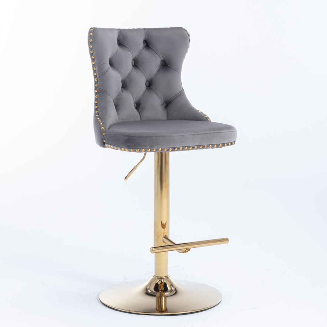 2x Velvet Height Adjustable Swivel Bar Stools With Footrest and Golden Base - Grey
