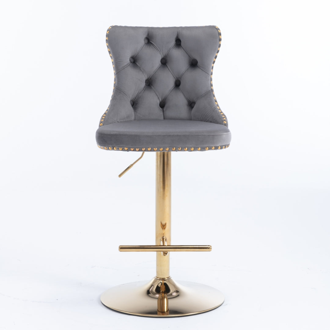 2x Velvet Height Adjustable Swivel Bar Stools With Footrest and Golden Base - Grey