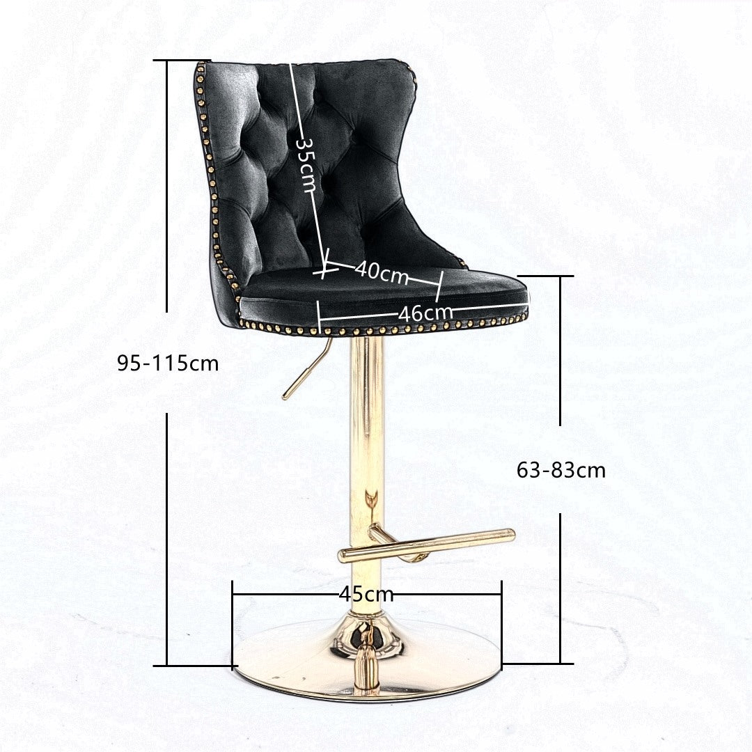 2x Velvet Height Adjustable Swivel Bar Stools With Footrest and Golden Base - Grey