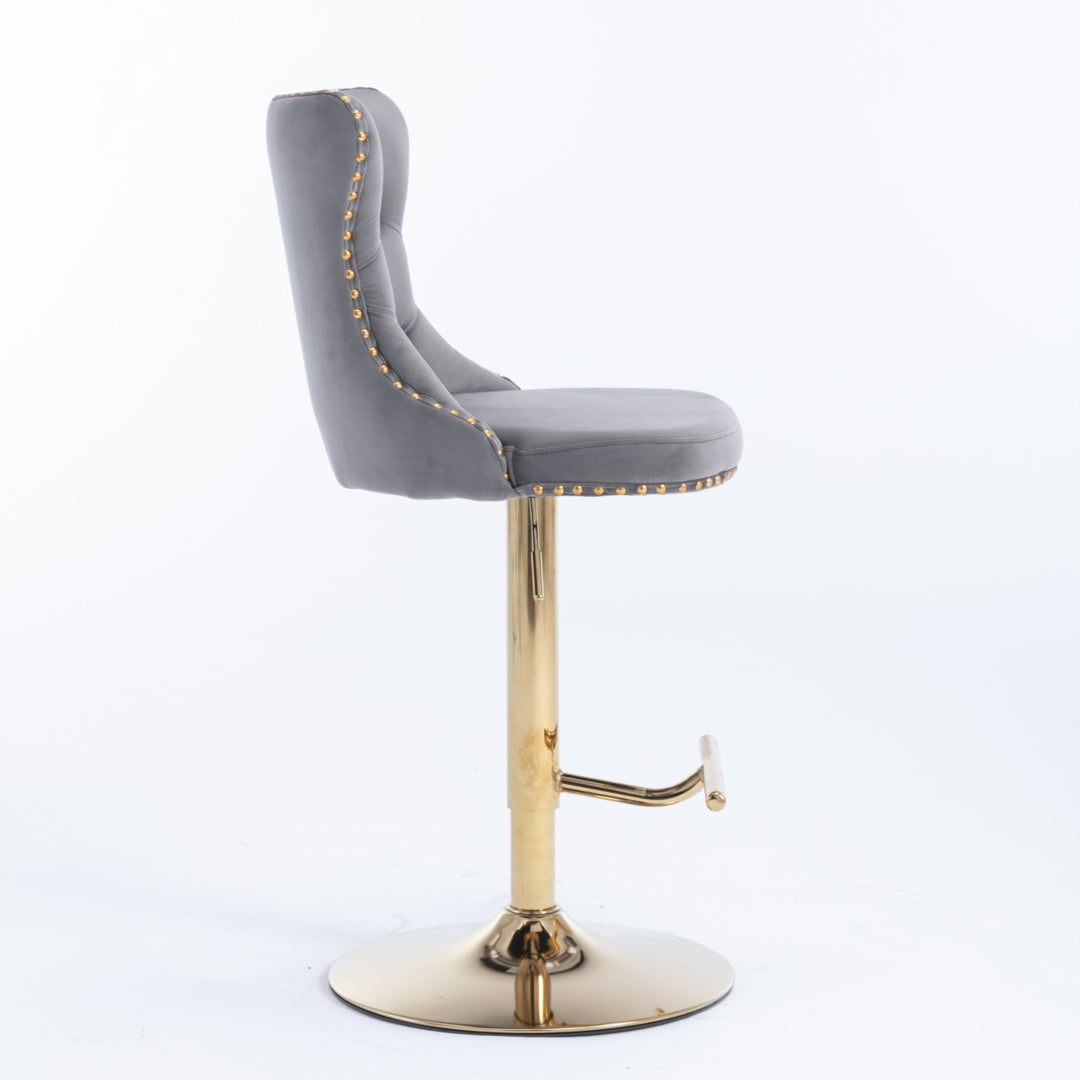 2x Velvet Height Adjustable Swivel Bar Stools With Footrest and Golden Base - Grey