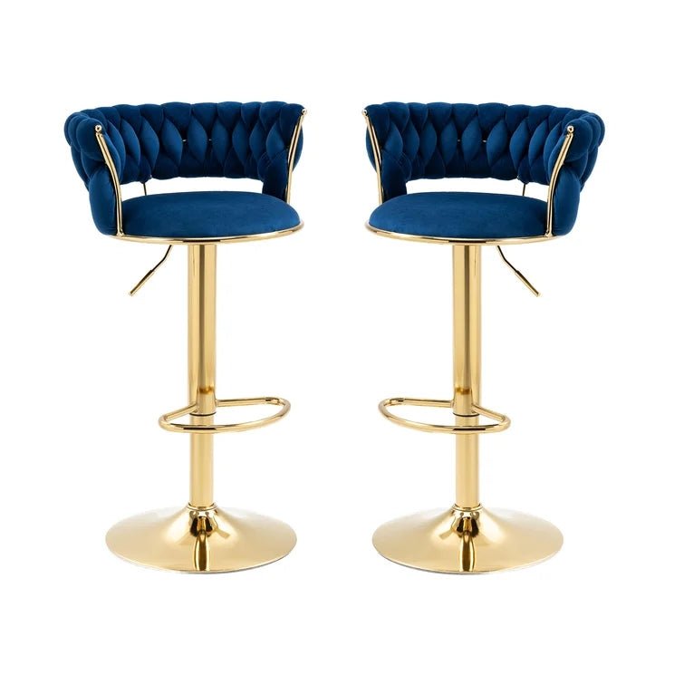x2 Blue Velvet Seat Kitchen Breakfast Bar Stools Counter Height Barstools with Back Cushioned Chairs for Home Bar By SERENITà