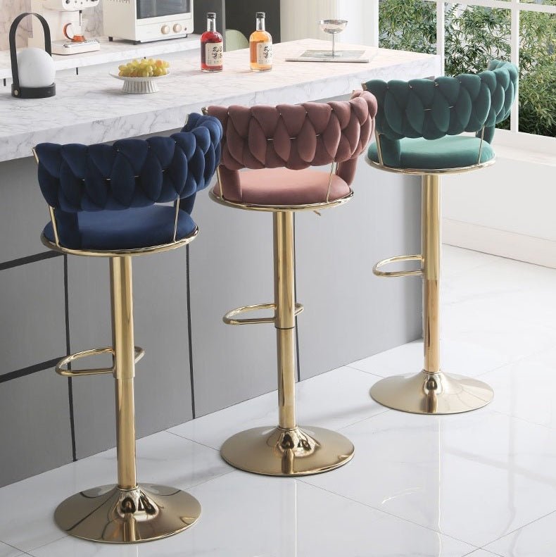 x2 Blue Velvet Seat Kitchen Breakfast Bar Stools Counter Height Barstools with Back Cushioned Chairs for Home Bar By SERENITà