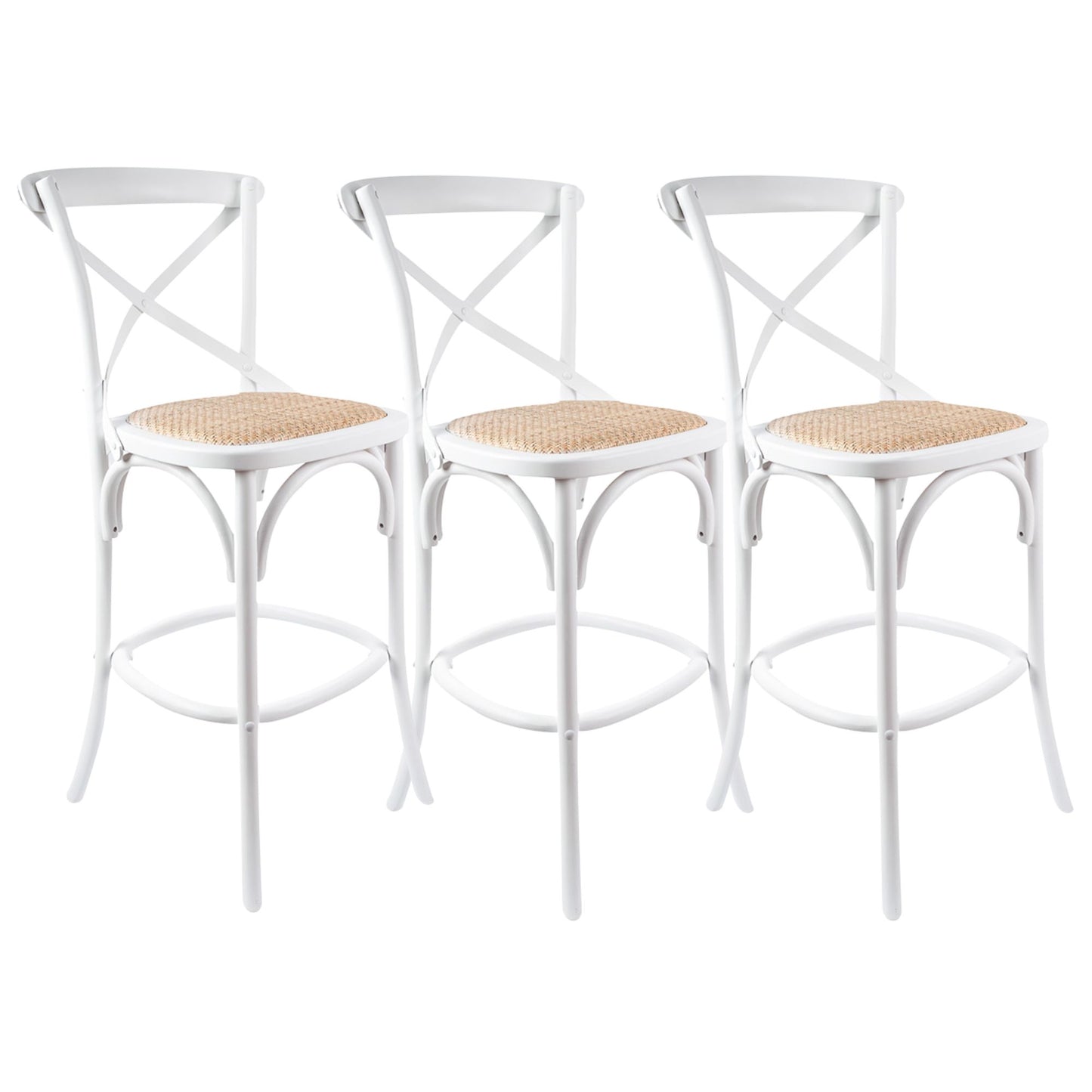 3pc Crossback Bar Stools Dining Chair Solid Birch Timber Rattan Seat White By Aster