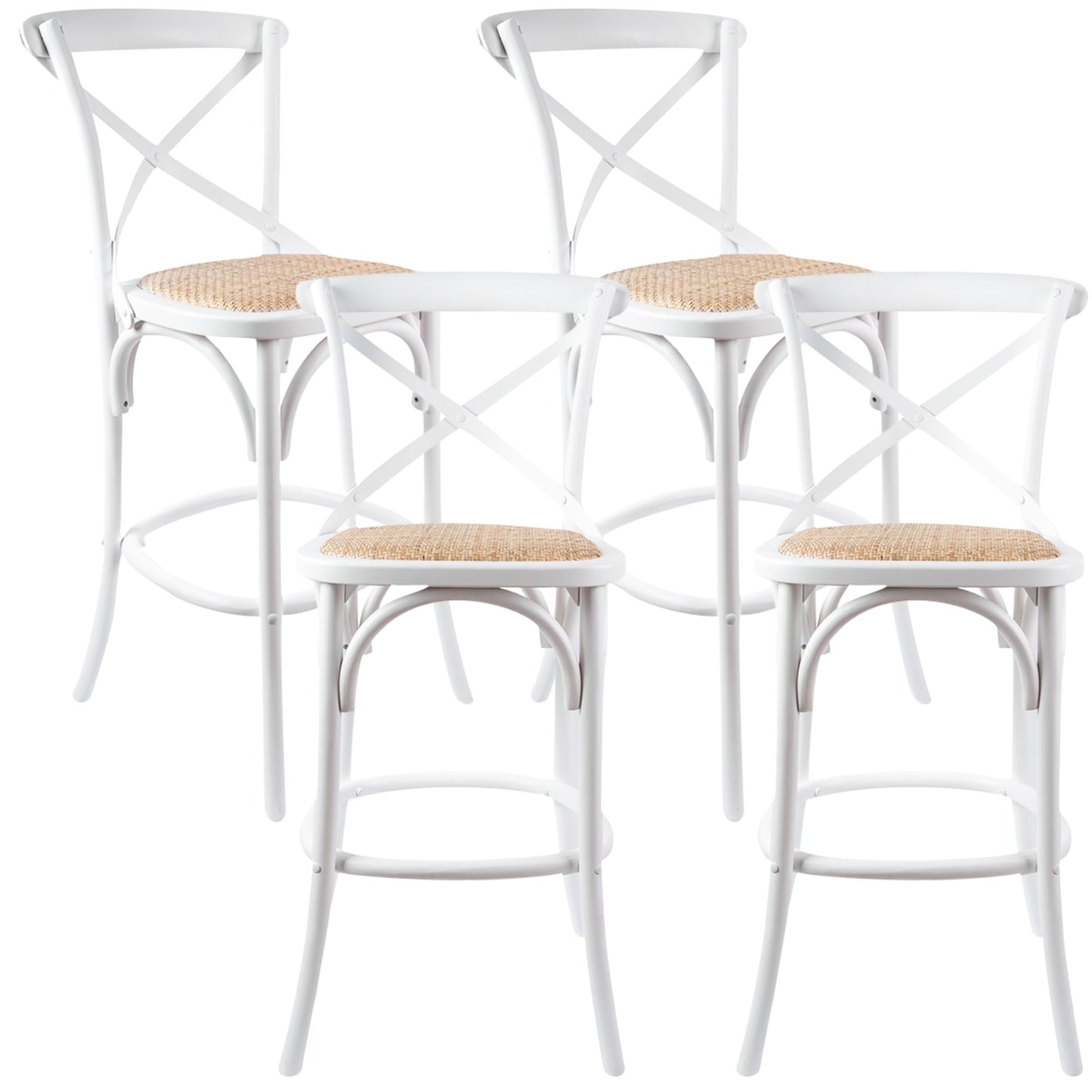 4pc Crossback Bar Stools Dining Chair Solid Birch Timber Rattan Seat White By Aster