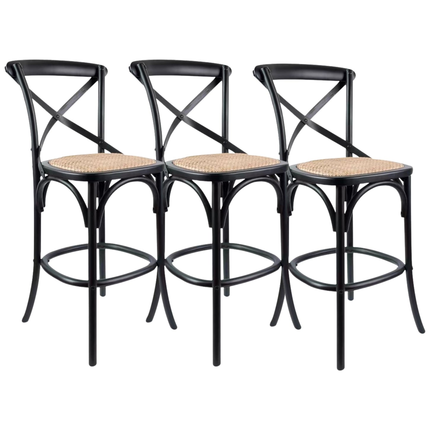 3pc Crossback Bar Stools Dining Chair Solid Birch Timber Rattan Seat Black By Aster