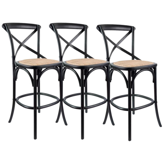 3pc Crossback Bar Stools Dining Chair Solid Birch Timber Rattan Seat Black By Aster