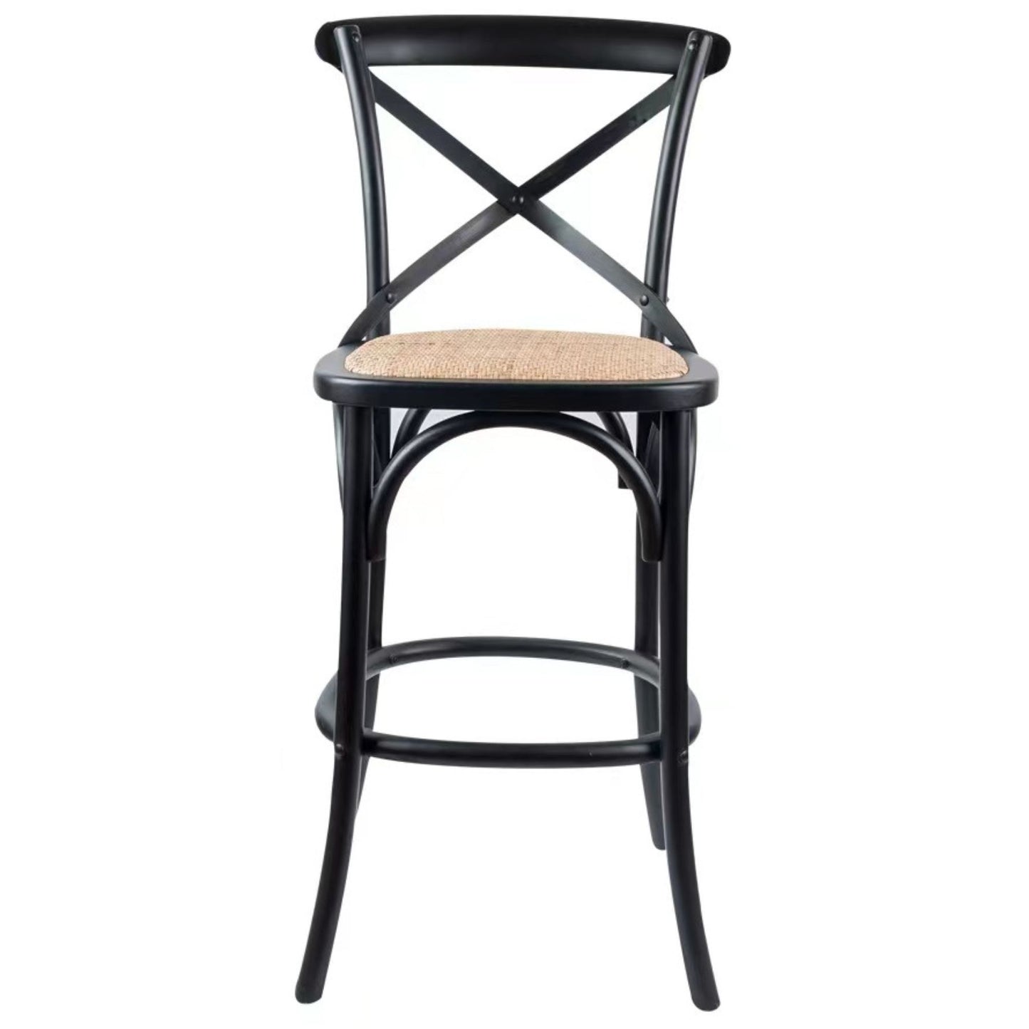 3pc Crossback Bar Stools Dining Chair Solid Birch Timber Rattan Seat Black By Aster