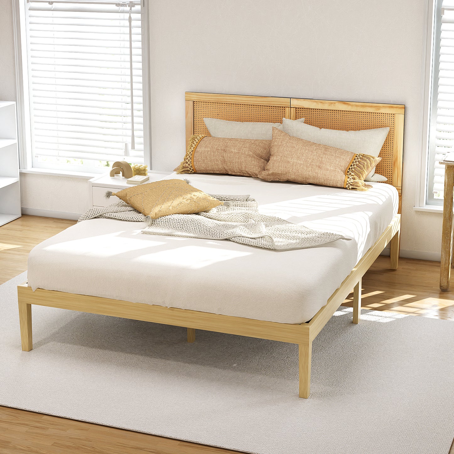 Queen Bed Frame Size with Rattan Headboard Wooden Bed Base BRUNO by Artiss