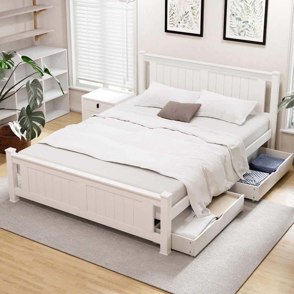 Queen Bed Frame Size Wooden Platform with 2 Storage Drawers White RIO by Artiss