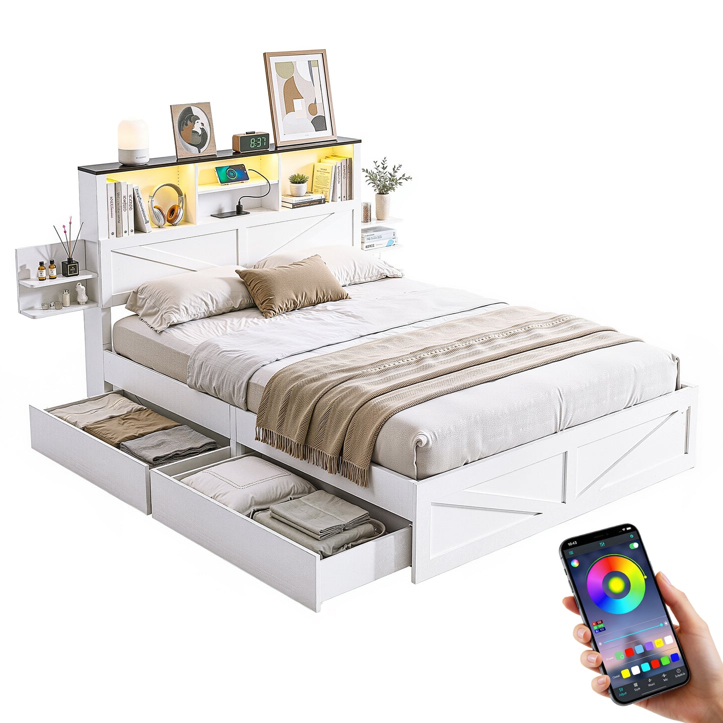 Queen Bed Frame with Storage Drawers White Platform Bedframe with Bookcase Headboard Charging Station Led Light by Artiss