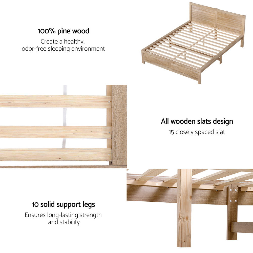 Queen Bed Frame Size Wooden Acacia Wood OATMEAL by Artiss