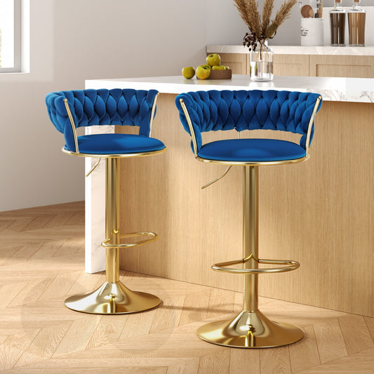 2x Bar Stools Gas Lift Velvet Woven Backrest Navy by Artiss