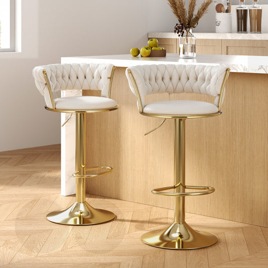2x Bar Stools Gas Lift Velvet Woven Backrest Ivory by Artiss