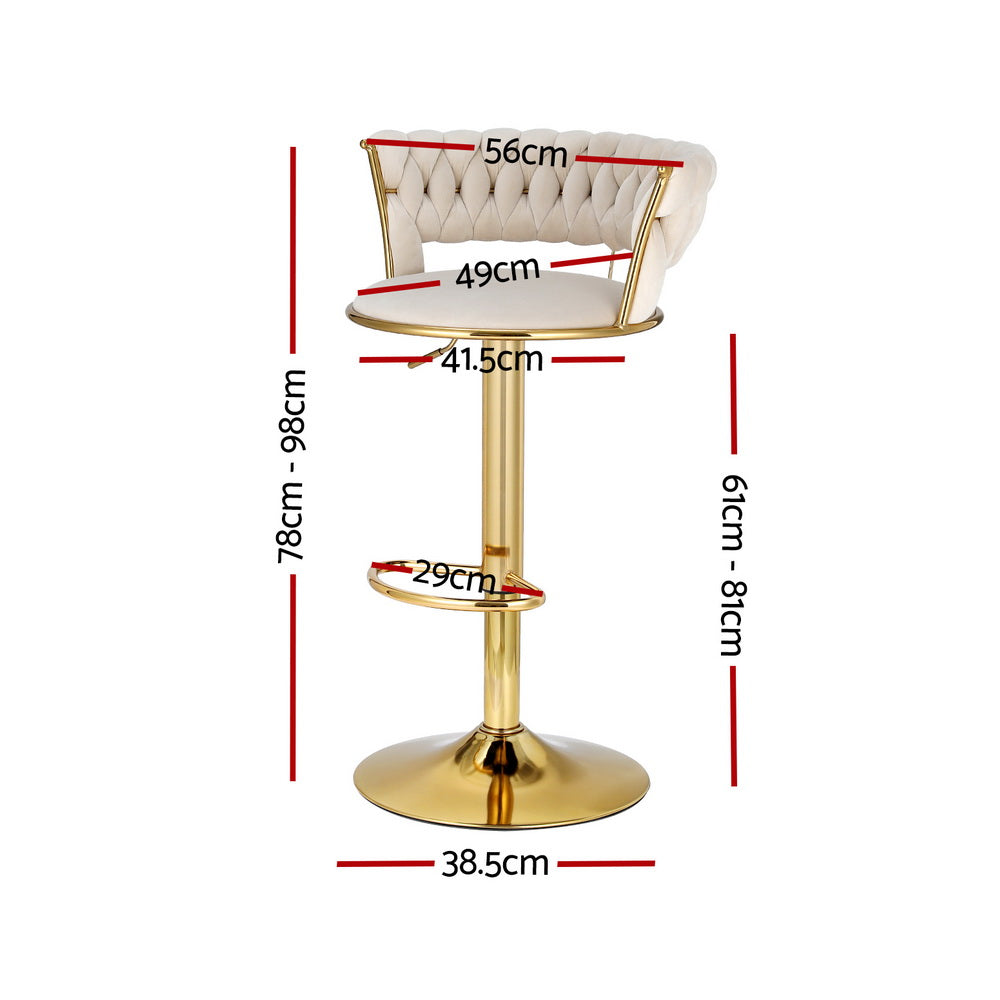 4x Bar Stools Gas Lift Velvet Woven Backrest Ivory by Artiss