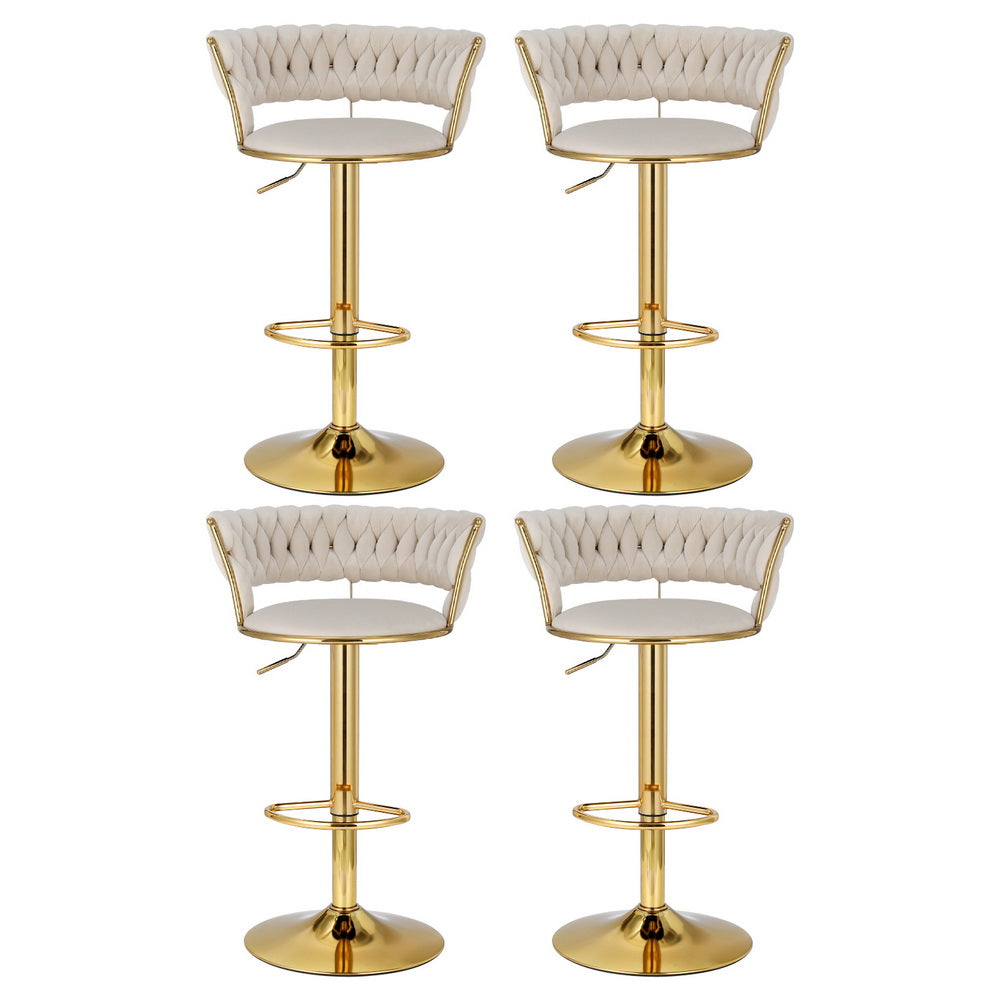 4x Bar Stools Gas Lift Velvet Woven Backrest Ivory by Artiss