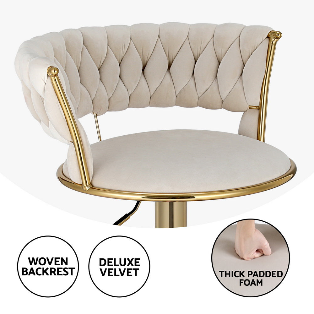 4x Bar Stools Gas Lift Velvet Woven Backrest Ivory by Artiss