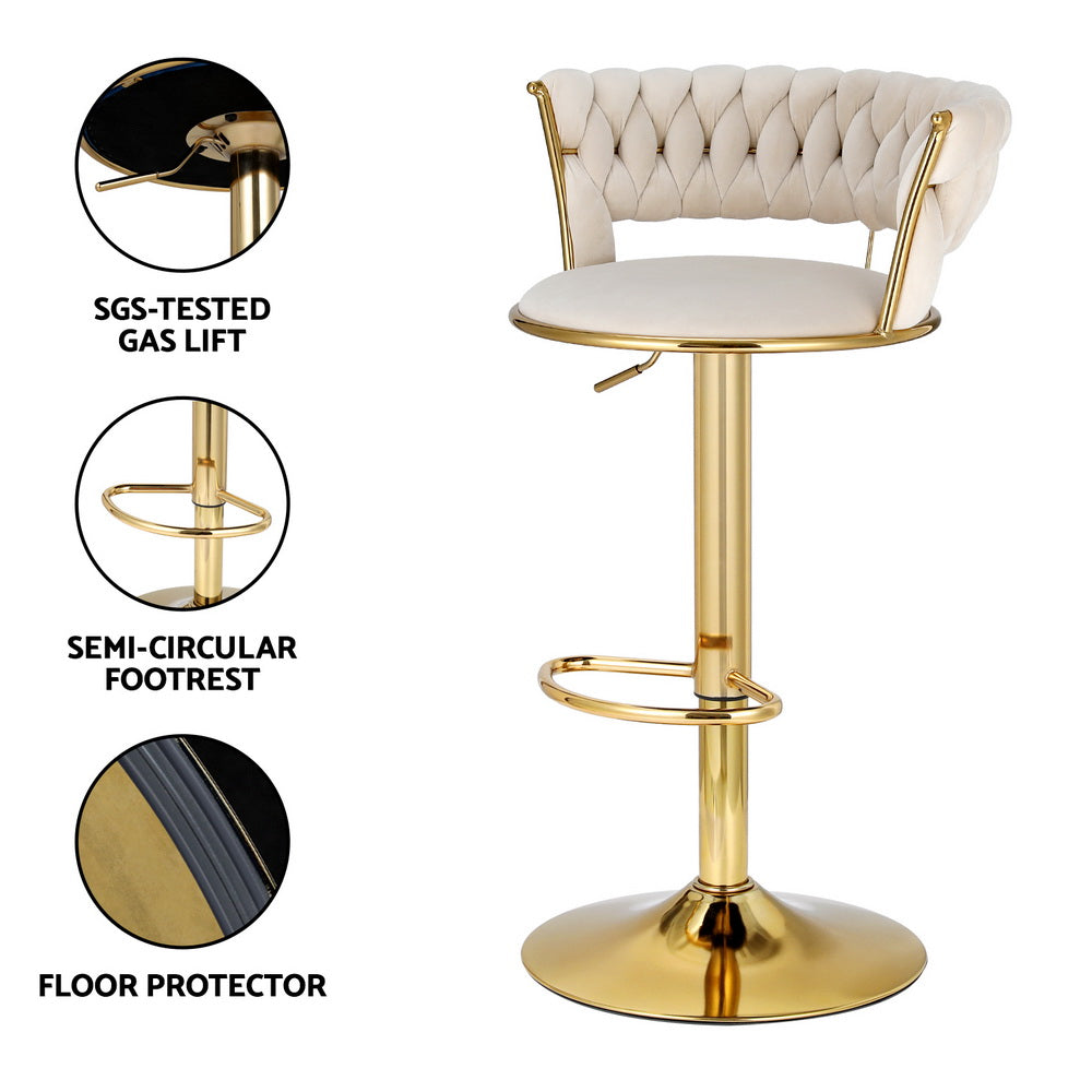 4x Bar Stools Gas Lift Velvet Woven Backrest Ivory by Artiss