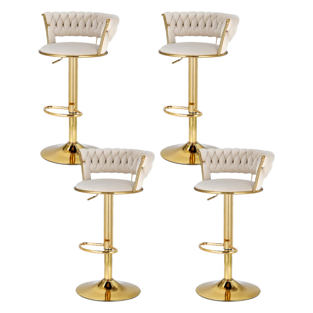 4x Bar Stools Gas Lift Velvet Woven Backrest Ivory by Artiss