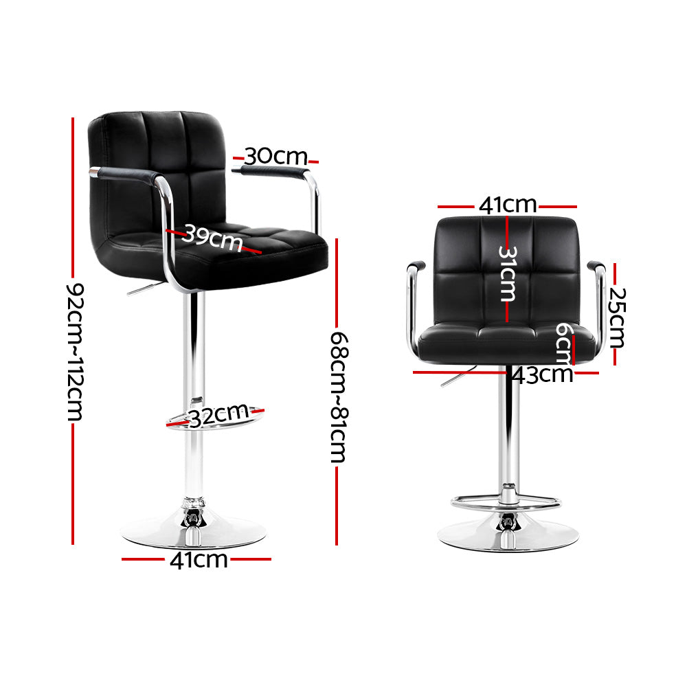 4x Bar Stools Leather Gas Lift w/Armrest Black by Artiss