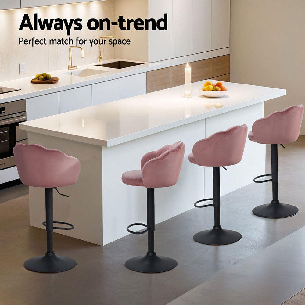 4x Bar Stools Gas Lift Velvet Pink By Artiss