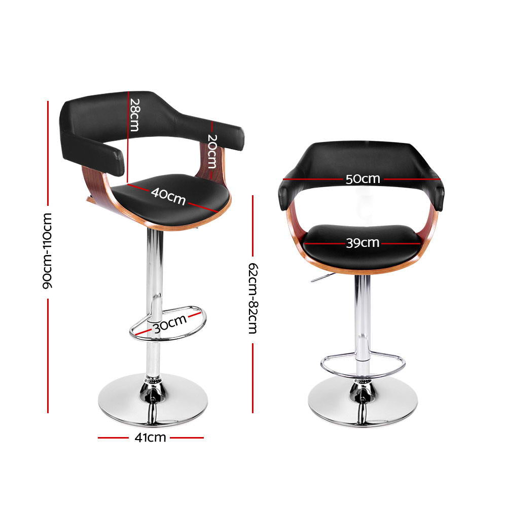 2x Bar Stools Gas Lift Leather w/Armrest Black By Artiss