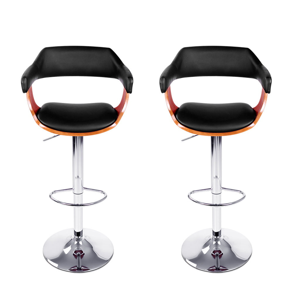 2x Bar Stools Gas Lift Leather w/Armrest Black By Artiss