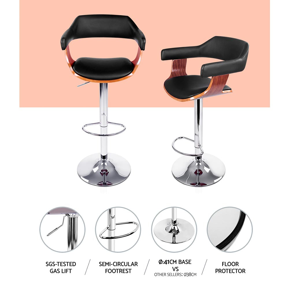2x Bar Stools Gas Lift Leather w/Armrest Black By Artiss